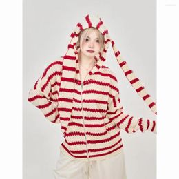 Women's Knits Ear Cute Zipper Cardigan Women Sweater Coat Female Japanese Vintage Loose Slim Striped Knitted Hoodies Clothing