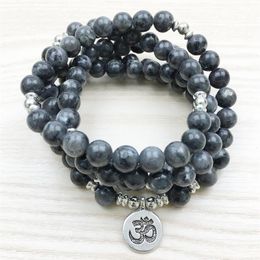 SN1146 Top Design Labradorite Wrap Bracelet Men's 108 Mala Yoga Bracelet or Necklace Silver Lotus Ohm Buddha Bracelet268R