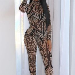 Women's Jumpsuits & Rompers Women Sexy Mesh Sheer Bodycon Long Sleeve Geometric Printed Casual One Piece 2021 Club Clothing240I