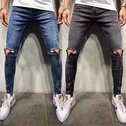 Fashion Men's Jeans Hole Ripped Zipper High Waist Stretch Skinny Denim Trousers Casual Skinny Pencil Pants191y