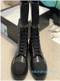 Women Designer Metal Letter Logo Middle Fashion Black Leather Shoes Thick Heels