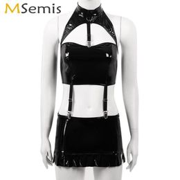 Women's Panties Women Erotic Latex Mini Skirt With Halter Cutout Crop Top Clubwear Rave Patent Leather Outfit Sexy Wet Look B285D