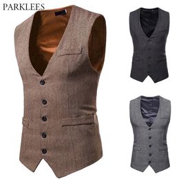 Herringbone Tweed Mens Waistcoat Formal Business Casual Slim Fit Vests for Men Retro British Style Gentleman Men Suit Vest Gilet 2277J