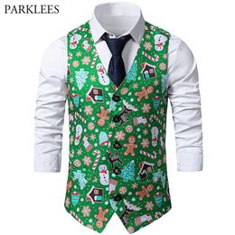 Green Christmas Vest Men 2021 Brand 3D Xmas Print Mens Waistcoat Casual Party Holiday Cosplay Tuxedo Gilet Homme Chaleco Hombre Me2202