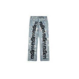 Endless Embroidery Denim Pants Rocky Jeans Art Letter Broken Holes Wash Do Old Fashion Men Women Jean Trousers C0401273f