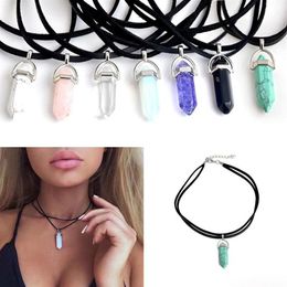 Pendant Necklaces Bullet Hexagonal Prism Shape Natural Stone Crystal Chakra Stone Pendant Necklaces for Women crystal stone neckla310o