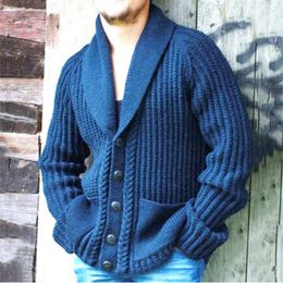 Men's Sweaters Blue Autumn Winter Sweater Shawl Collar Outerwear Casual Loose Coat Button Up Cardigan With Pockets Knitwear Men Clothing