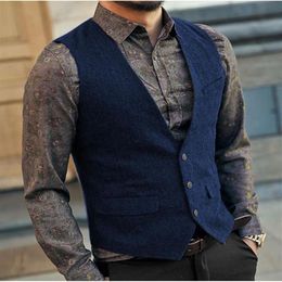 Mens Royal Blue Vest Tweed Waistcoat Vest Slim Fit Vintage Herringbone V-neck Casual Wool Groomsmen For Wedding XS-5XL 2021288v