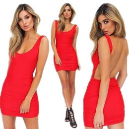 Women Casual Sexy Clothing Summer Casual Solid Color Bodycon Dresses Female Scoop Neck Backless Mini Dressess Quality XS-L292a