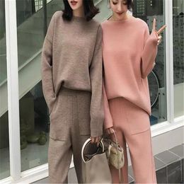 Women's Two Piece Pants Suit Knitted 2 Pieces Set Tracksuits Women Autumn Thick Warm O-neck Loose Sweater Ankle-Length Cashmere