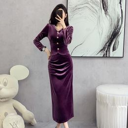 Casual Dresses 2023 Autumn Collar Slimming Long Sleeves Socialite Elegant Gold Velvet High Waist Skirt Two-Piece Suit