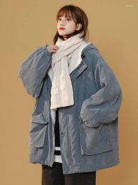 Women's Trench Coats Foufurieux Cargo Zipper Parkas Women Winter Corduroy Jacket Arctic Velvet Thick Padded Coat Unisex Functional Korea