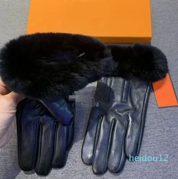 Women Rabbit Hair Sheepskin Gloves Outdoor Leather Glove Lambskin Mittens Super Soft Touch Plush Mitten With Box