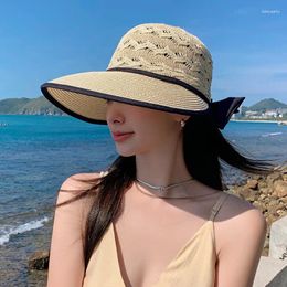 Berets Straw Hat Fashion Hollow Out Dreathable Topi Dowknot Folding Sunscreen Caps Woman Contracted Wholesale