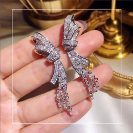 2020 Sparkling Luxury Jewellery Long Tassels Earring 925 Sterling Silver Pave White Sapphire CZ Diamond Crystal Women Wedding Dangle195t