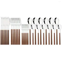 Dinnerware Sets 6Pcs/Set Wooden Handle Stainless Steel Cutlery Set Knife Fork Dessert Spoon Flatware Kitchen Silverware Tableware