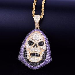 Hoody Skull Purple Stone Pendant Necklace Personality Chain Gold Silver Iced Out Cubic Zirconia Hip hop Rock Jewelry272z