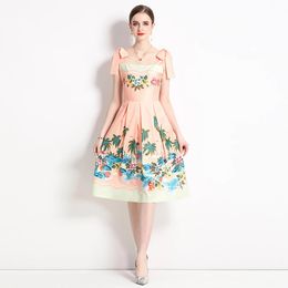 Basic Casual Dresses Summer Vacation Beach Tank Dress Runway Design Women's Bow Spaghetti Strap Backless Flower Print Slim Dresses Vestidos 2024