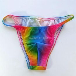 Underpants Mens String Bikini Stripe Jersy Nylon Spandex G3774 Narrow Waist Rainbow Colours Swimsuit Fabric2764