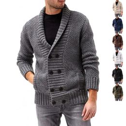 Men's Sweaters 2023 Sweater Cardigan Mens Solid Colour Lapel Double-breasted Long-sleeved Knitted Coat Men