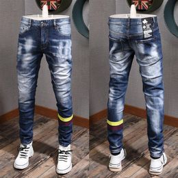 Patch Distressed Light Blue Jeans Cool Guy Fit Yellow Striped Slim Fit Leg Denim Pants Men2936