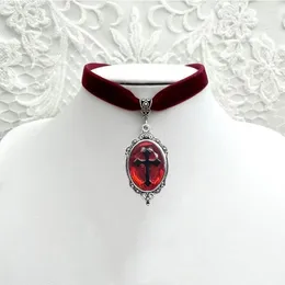 Pendant Necklaces Gothic Vampire Cross Cameo Charm For Women Man Alt-Pagan Witch Jewelry Accessories Black Red Blood Vintage Velvet Necklace