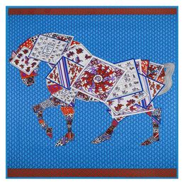 Square Women Horse Print Shawls Womens Silk Scarf Foulard Femme Echarpe En Soie Blue Large Twill Shawl2617