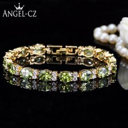 Dubai Yellow Gold Colour Jewellery Oval Olive Green Crystal Connect Bling CZ Classy Ladies Bracelet Bangle For Women AB079 Link Chai239i