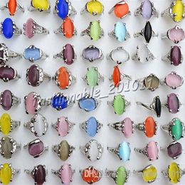 Mixed assorted Colourful Natural Cat Eye Gemstone Stone Silver Tone Women's Rings R0135 New Jewelry 50pcs lot268J