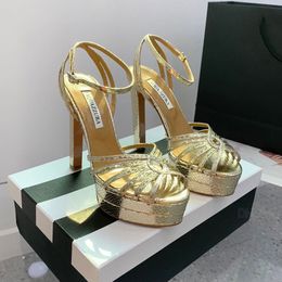 Top Quality Aquazzura High-heel Ankle Strap Platform Heels Sandals Pumps 13mm Gold Sier Chunky Block Dress Designer Party Wedding Shoes with box