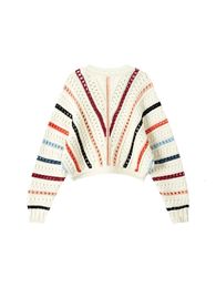 Women Spring Oneck Vintage Crop Striped Knitwear Loose Long Sleeve Design Knitted Pullover Sweater Streetwear Fashion 231013
