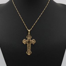 Filigree Womens Mens Cross Pendant Chain 18k Yellow Gold Filled Classic Style Crucifix Pendant Necklace Jewelry247A