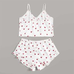 Women Pyjama Heart Print Sleepwear Satin Camisole Pyjamas Set Ruffled Shorts Lingerie Sleeveless Nightwear Sexy V Neck Home Suit Q275g