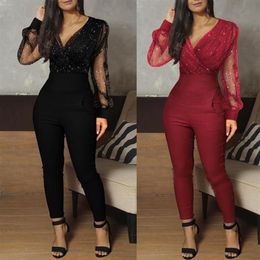 Women's Jumpsuits & Rompers Jumpsuit Women Bodysuits Sexy Jump Suits For Plus Size Evening Elegant Black Long Sleeve Clothes280r