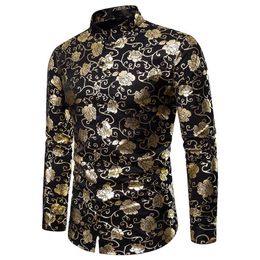gold rose flower foil print shirt men camisa masculina brand new casual mens shirts business wedding tuxedo shirt for men207M