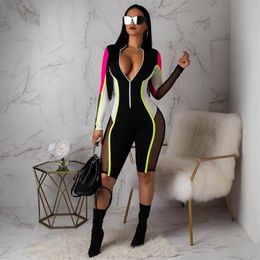 Women's Jumpsuits & Rompers AHVIT Contrast Colour Striped Sexy Playsuits Front Zipper Long Sleeve Skinny Romper Stand Collar K208W