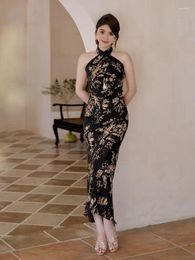 Casual Dresses 2023 Spring And Summer Black Silk Printed Backless Halter Neck Dress For Women