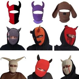 Beanie Skull Caps Halloween Funny Horns Creative Knitted Hat Beanies Warm Full Face Cover Ski Mask Windproof Balaclava for Outdoor303c