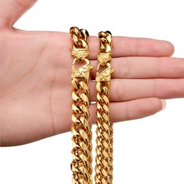 10mm-14mm Hip Hop Stainless Steel Miami Cuban Link Chain Necklace 18K Real Gold Plated Full Zircon Mens Jewellery