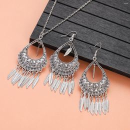 Necklace Earrings Set Bohemian Water Drop Pendant Long Tassel Dangle Leaf Feather Jewellery For Girls Party Metal Earring