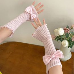 Fashion Women Knitted Bow Tie Fingerless Gloves Lolita Arm Sleeve Pink Girl Gothic Keep Warmer Long Gloves Kawaii Accessories