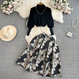 Two Piece Dress Autumn Winter Runway 2 Pieces Set Women Lantern Sleeve Turtleneck Knitted Tops+A-Line Jacquard Vintage Skirt Suit Female Outfits 2024