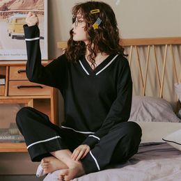 BZEL V-Neck Sleepwear For Women Black Pajamas Sets Cute Bow Nighty Long Sleeves Long Pans Pijamas Pyjamas Cotton Casual Homewear T198v