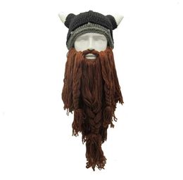 BeanieSkull Caps Men's Barbarian Vagabond Viking Beard Beanie Horn Hat Handmade Winter Warm Birthday Funny Gag Halloween Cap Christmas Gifts 231013