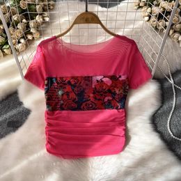 Women's T Shirts Women Shirt Rose Printed Folds T-shirts For Woman Mesh O-neck Almighty Summer Tees Female Casual Korean Fashion Drop