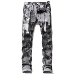 Mens Fashion Abstract Art Stretch Slim Straight Jeans Teenagers Digital 3D Printed Gray Black Jeans Denim Pants255G