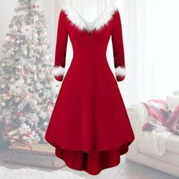 Casual Dresses Xmas Long-sleeved V-Neck Party Dress White Plush High Low Hem Patchwork Waist Tight Large Christmas Cosplay Costum226O