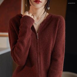 Women's Knits Pure Wool Hooded Collar Knitted Cardigan 2023 Autumn/Winter Cashmere Sweater Coat Korean Fashion Zipper Jacket