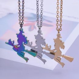 Chains Flying Witch Silhouette Pendant Necklace For Women Fashion Stainless Steel Riding A Broom Jewellery Halloween Gifts