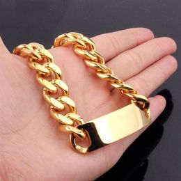 Christmas Gift Fashion Stainless Steel ID Bracelet Men Charm Jewellery Chain Cuff Whole Polished Gold Colours 15mm Wide226K
